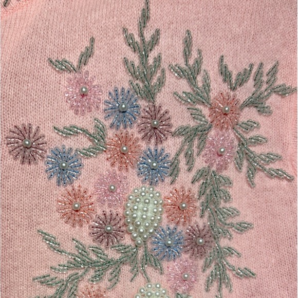 VTG 50's Floral Beaded Cardigan Sweater Pink Faux Pearl UK Sz 40 (10-12 US) EUC - Picture 6 of 12